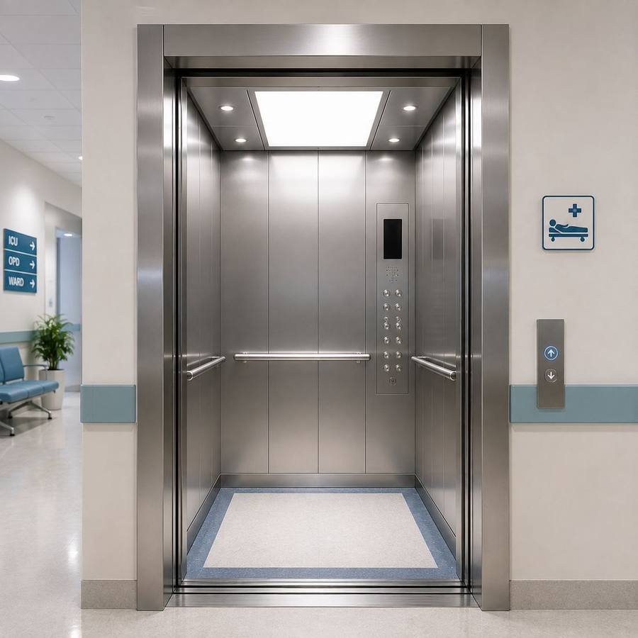 Hospital corridor leading to elevator access